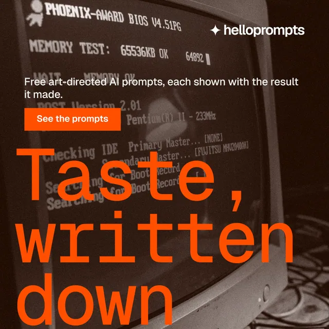 Instagram post for HelloPrompts: "See the prompt. Steal the taste." Swiss style, oversized layout, dark palette in brown, orange, black.
