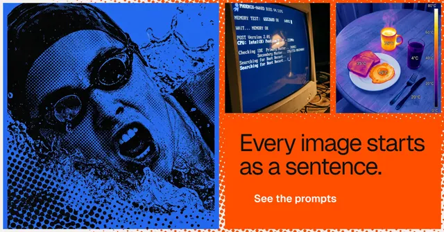 Social ad for HelloPrompts: "Every image starts as a sentence." Split block style, collage layout, dark palette in red, blue, grey.