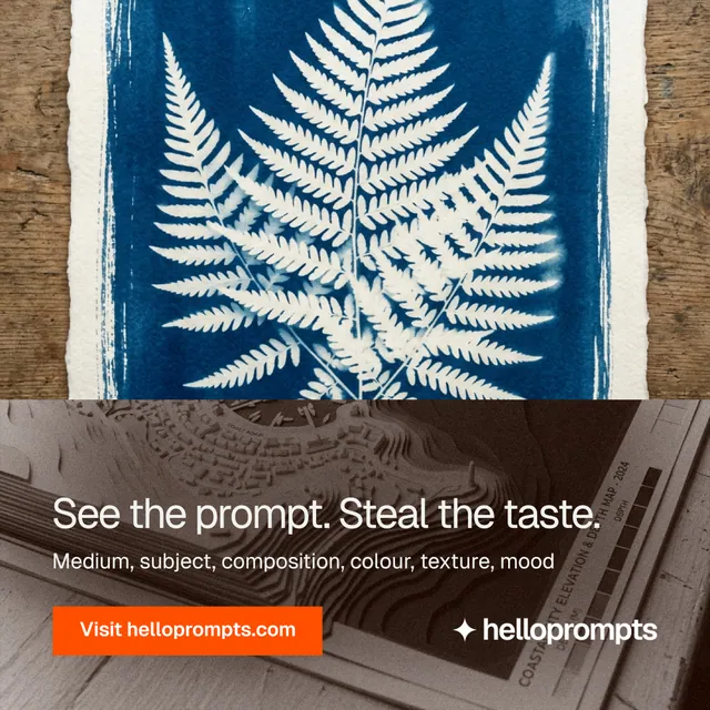 Instagram post for HelloPrompts: "See the prompt. Steal the taste." Swiss style, bottom layout, dark palette in blue, grey, orange.
