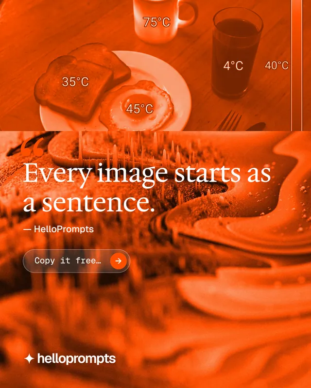 Instagram portrait post for HelloPrompts: "Every image starts as a sentence." Agentic glass style, quote layout, dark palette in orange.
