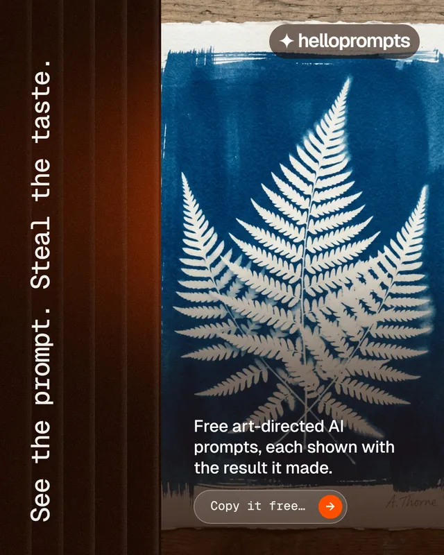 Instagram portrait post for HelloPrompts: "See the prompt. Steal the taste." Agentic glass style, vertical layout, dark palette in black, blue, grey.