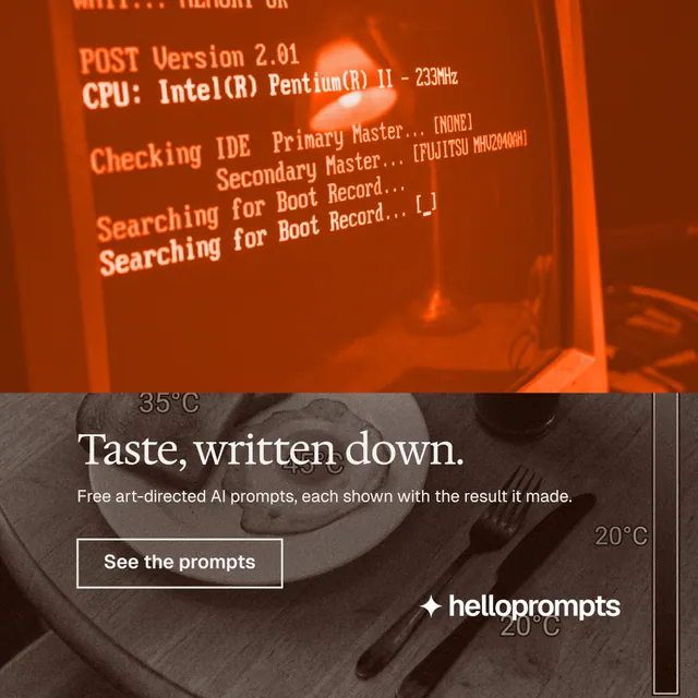 Instagram post for HelloPrompts: "Taste, written down." Editorial style, bottom layout, dark palette in orange, brown.