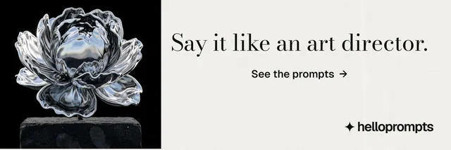 X header for HelloPrompts: "Say it like an art director." Minimal luxury style, skeleton layout, light palette in white, black, grey.