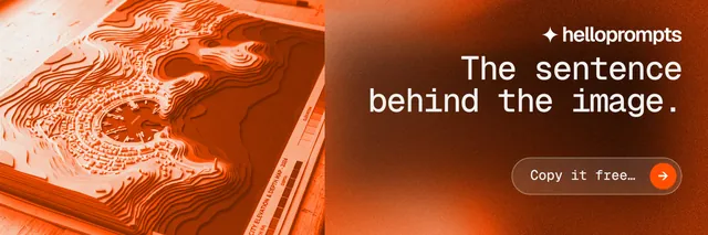 X header for HelloPrompts: "The sentence behind the image." Agentic glass style, right layout, dark palette in orange.