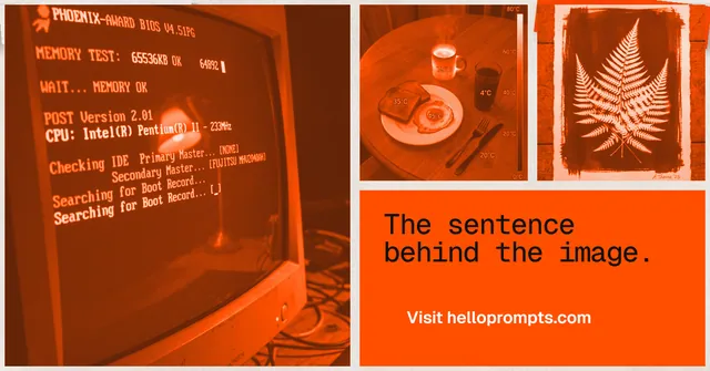 Social ad for HelloPrompts: "The sentence behind the image." Swiss style, collage layout, dark palette in orange.