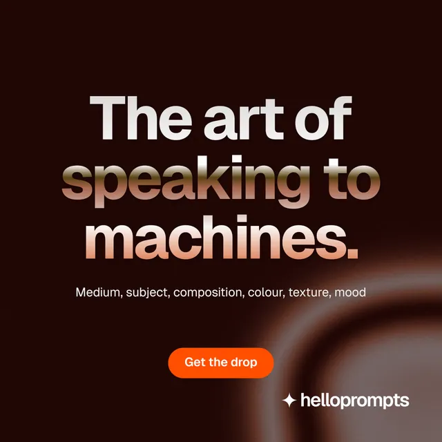 Instagram post for HelloPrompts: "The art of speaking to machines." Y2K style, centred layout, dark palette in black, red.