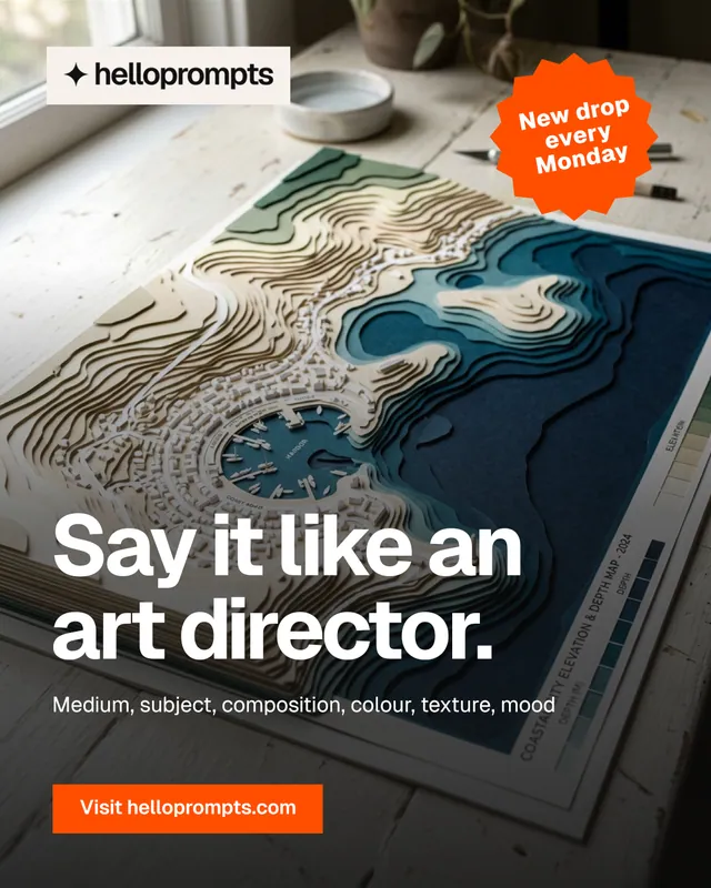 Instagram portrait post for HelloPrompts: "Say it like an art director." Swiss style, sticker layout, dark palette in black, grey, orange.