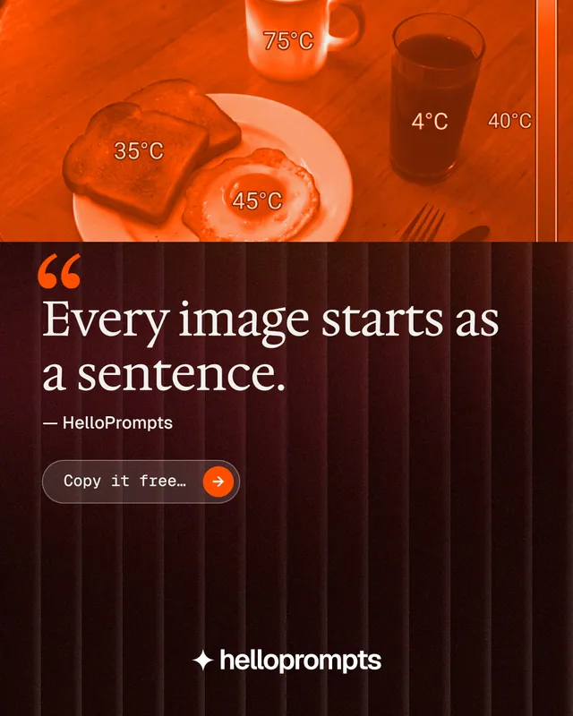 Instagram portrait post for HelloPrompts: "Every image starts as a sentence." Agentic glass style, quote layout, dark palette in black, orange.