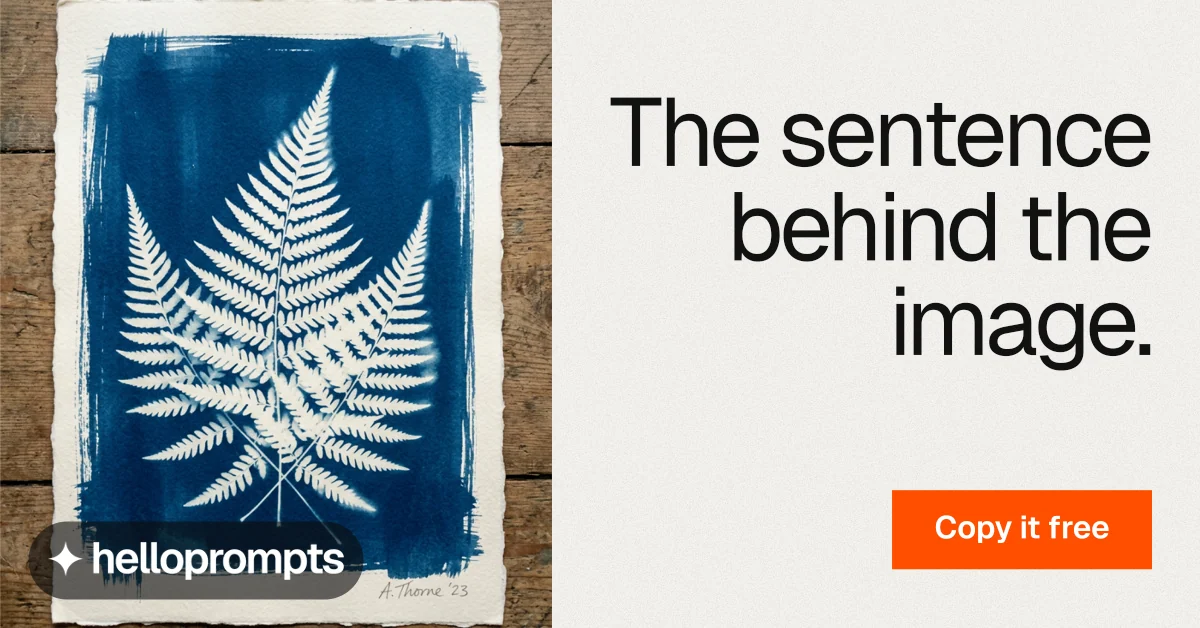 Social ad for HelloPrompts: "The sentence behind the image." Swiss style, right layout, light palette in white, blue, grey.