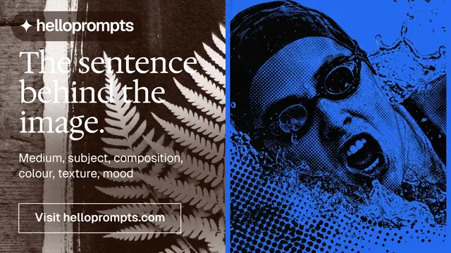 Landscape graphic for HelloPrompts: "The sentence behind the image." Editorial style, bottom layout, dark palette in blue, black, grey.