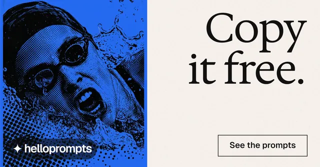 Social ad for HelloPrompts: "Copy it free." Editorial style, right layout, light palette in white, blue.