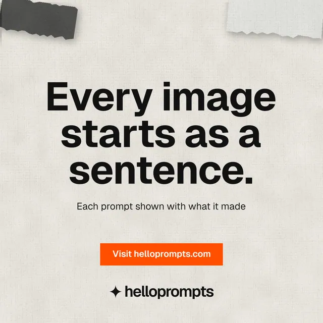 Instagram post for HelloPrompts: "Every image starts as a sentence." Swiss style, centred layout, light palette in white, grey.