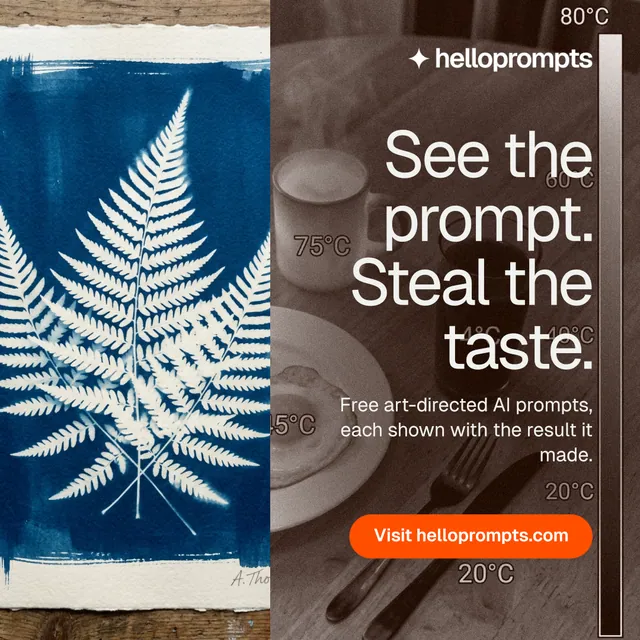 Instagram post for HelloPrompts: "See the prompt. Steal the taste." Photo poster style, right layout, dark palette in orange, grey, blue.