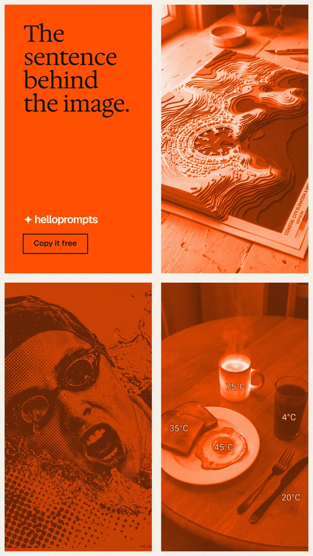 Instagram story for HelloPrompts: "The sentence behind the image." Editorial style, collage layout, light palette in orange.