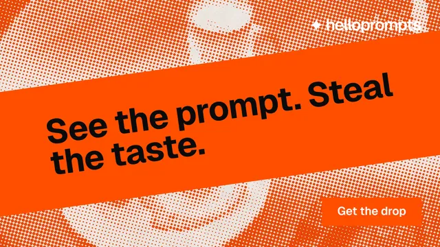Landscape graphic for HelloPrompts: "See the prompt. Steal the taste." Swiss style, diagonal layout, light palette in orange.