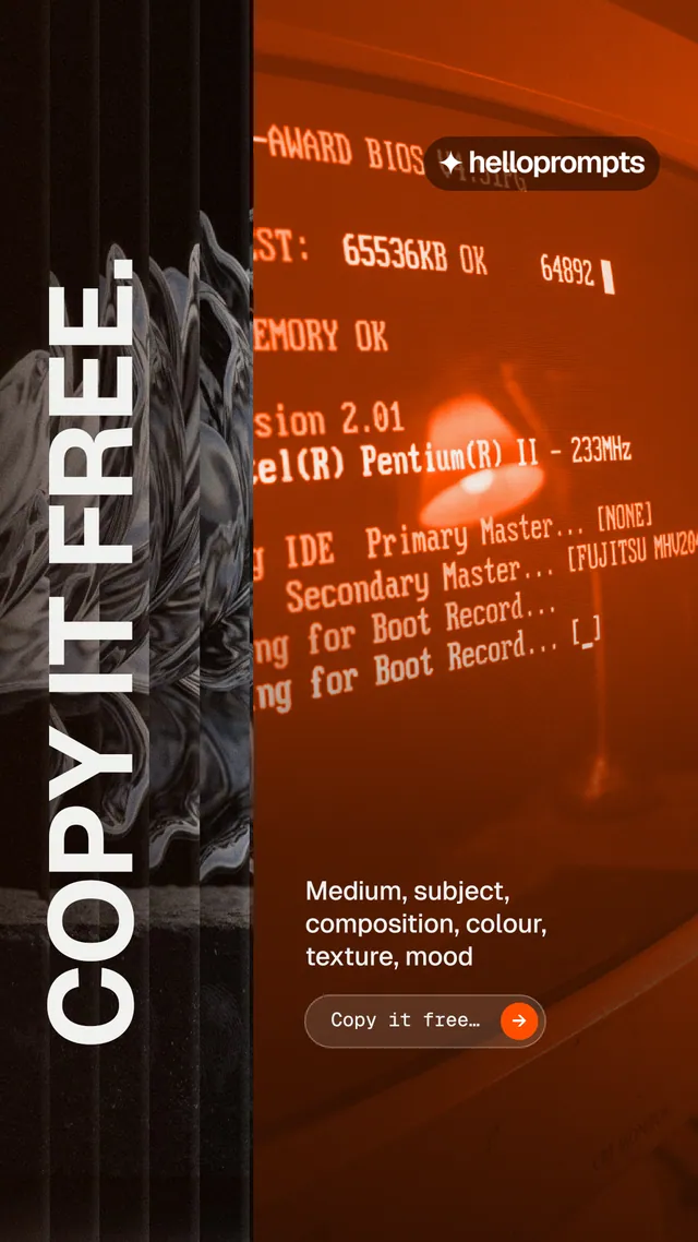 Instagram story for HelloPrompts: "Copy it free." Agentic glass style, vertical layout, dark palette in orange, black.