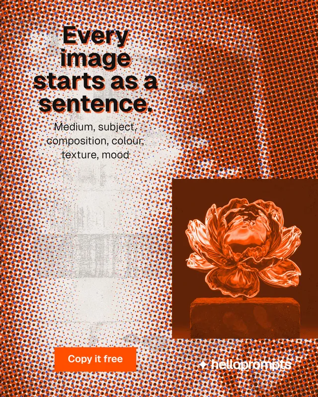 Instagram portrait post for HelloPrompts: "Every image starts as a sentence." Retro print style, skeleton layout, light palette in orange, red.