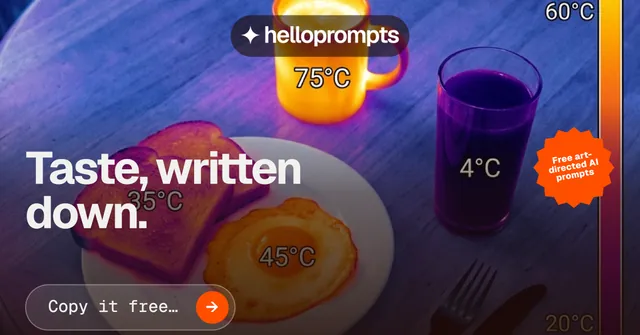 Social ad for HelloPrompts: "Taste, written down." Agentic glass style, sticker layout, dark palette in purple, blue, pink.