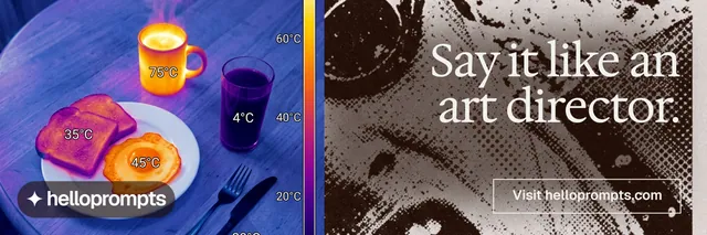 X header for HelloPrompts: "Say it like an art director." Editorial style, right layout, dark palette in grey, blue, pink.