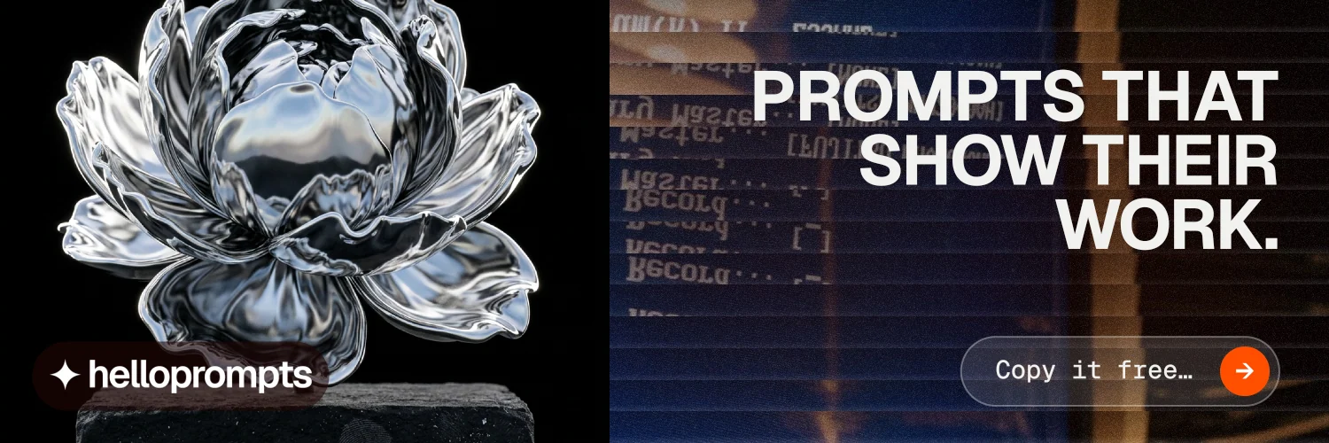X header for HelloPrompts: "Prompts that show their work." Agentic glass style, right layout, dark palette in black, grey.