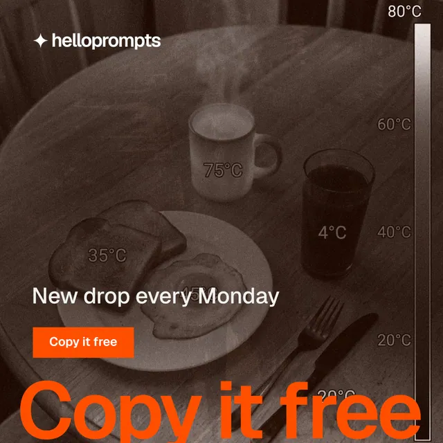 Instagram post for HelloPrompts: "The sentence behind the image." Swiss style, oversized layout, dark palette in orange, brown.