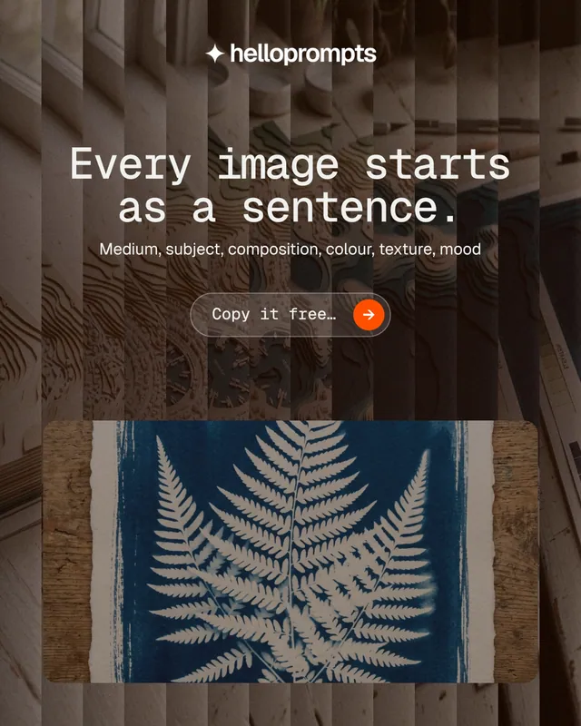 Instagram portrait post for HelloPrompts: "Every image starts as a sentence." Agentic glass style, centred layout, dark palette in grey, black, orange.
