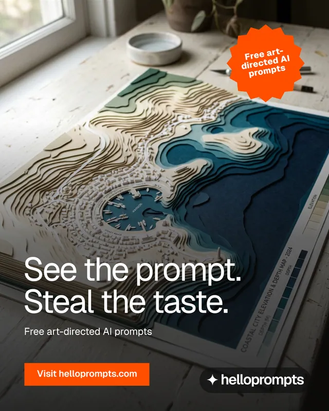 Instagram portrait post for HelloPrompts: "See the prompt. Steal the taste." Swiss style, sticker layout, dark palette in black, grey, orange.