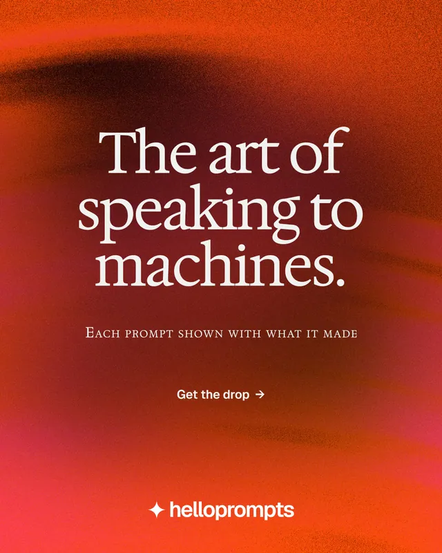 Instagram portrait post for HelloPrompts: "The art of speaking to machines." Swiss style, smallcaps layout, dark palette in red.