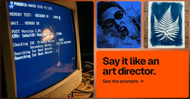 Social ad for HelloPrompts: "Say it like an art director." Agentic glass style, collage layout, dark palette in orange, blue, grey.