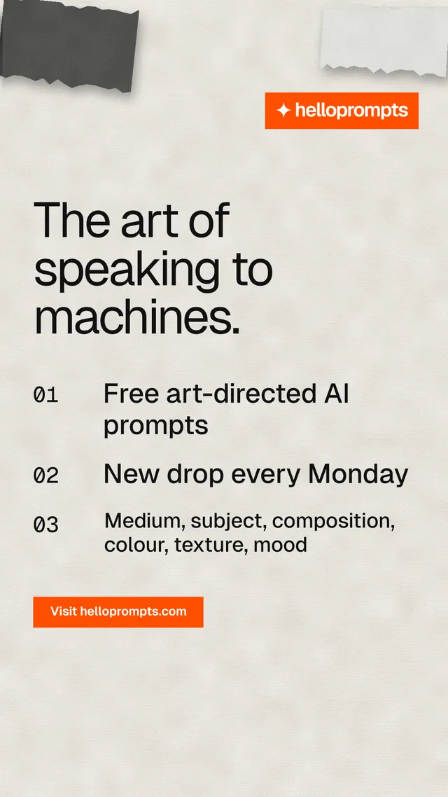 Instagram story for HelloPrompts: "The art of speaking to machines." Swiss style, numbered layout, light palette in white, orange.