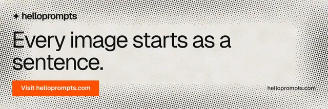 X header for HelloPrompts: "Every image starts as a sentence." Swiss style, poster layout, light palette in grey, white, orange.