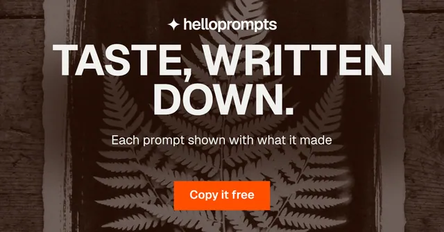 Social ad for HelloPrompts: "Taste, written down." Swiss style, centred layout, dark palette in orange, black, brown.