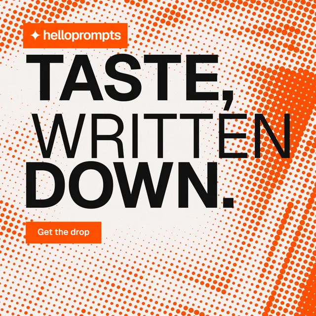 Instagram post for HelloPrompts: "Taste, written down." Retro print style, stacked layout, light palette in orange, brown, white.