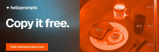 X header for HelloPrompts: "Copy it free." Swiss style, bottom layout, dark palette in orange, grey.