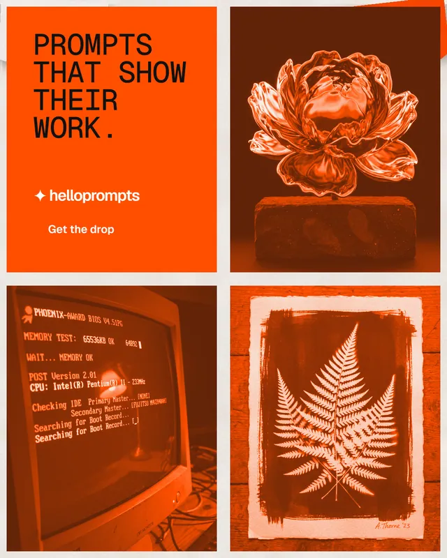Instagram portrait post for HelloPrompts: "Prompts that show their work." Retro print style, collage layout, dark palette in orange.