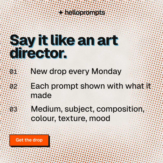 Instagram post for HelloPrompts: "Say it like an art director." Brutalist style, numbered layout, light palette in orange, grey.