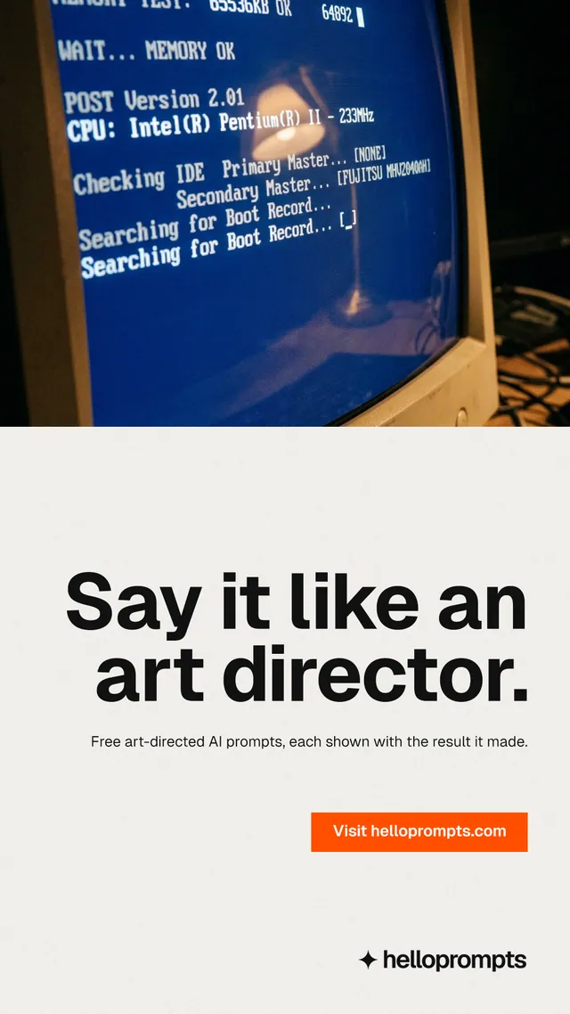 Instagram story for HelloPrompts: "Say it like an art director." Swiss style, right layout, light palette in white, blue, grey.