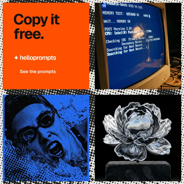 Instagram post for HelloPrompts: "Copy it free." Swiss style, collage layout, dark palette in black, orange, blue.