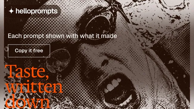 Landscape graphic for HelloPrompts: "The sentence behind the image." Editorial style, oversized layout, dark palette in grey, black, orange.