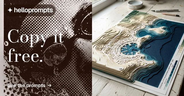 Social ad for HelloPrompts: "Copy it free." Minimal luxury style, bottom layout, light palette in grey, black.