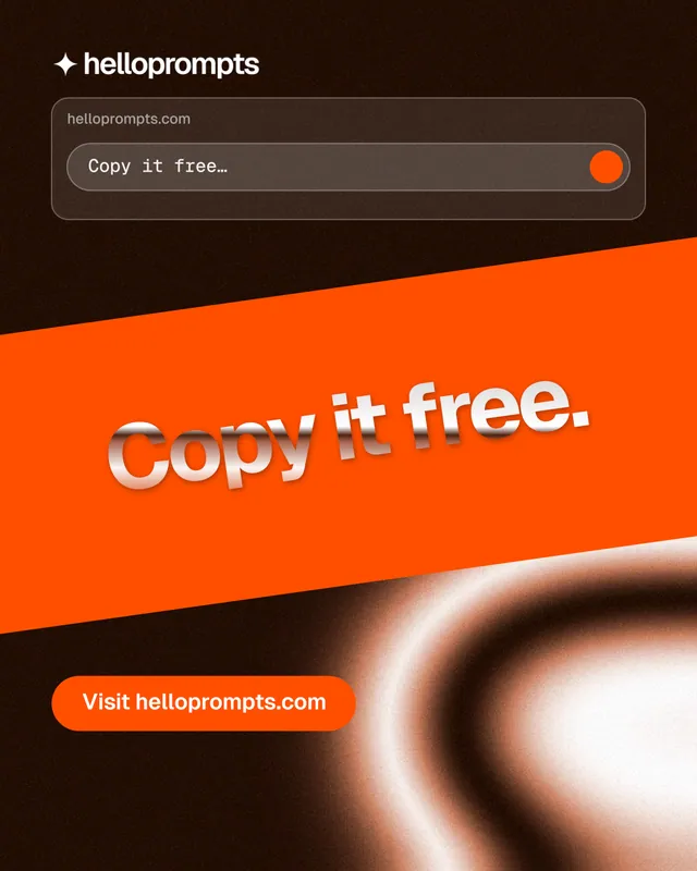 Instagram portrait post for HelloPrompts: "Copy it free." Y2K style, diagonal layout, dark palette in black, orange.
