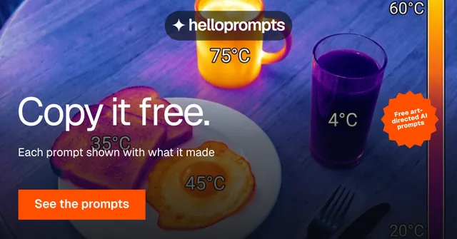 Social ad for HelloPrompts: "Copy it free." Swiss style, sticker layout, dark palette in blue, pink, orange.