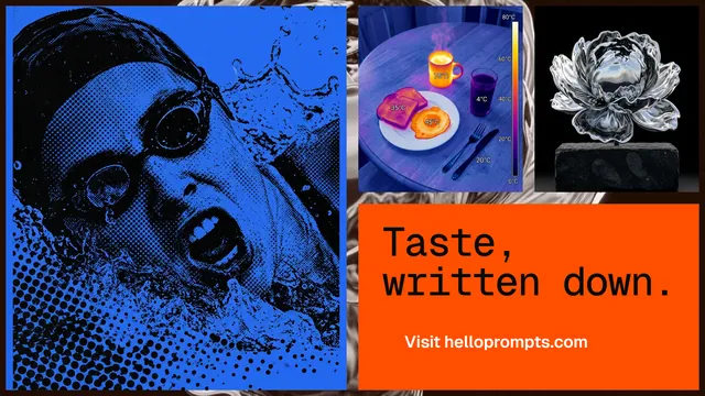 Landscape graphic for HelloPrompts: "Taste, written down." Swiss style, collage layout, dark palette in blue, red, black.