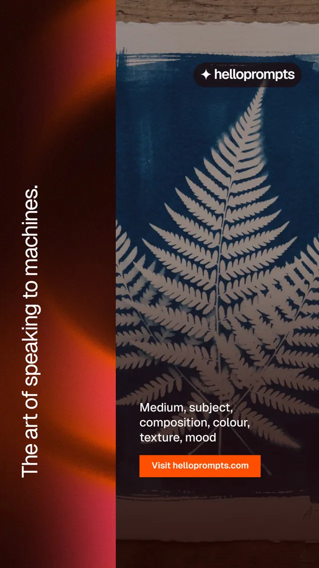 Instagram story for HelloPrompts: "The art of speaking to machines." Swiss style, vertical layout, dark palette in black, red, grey.