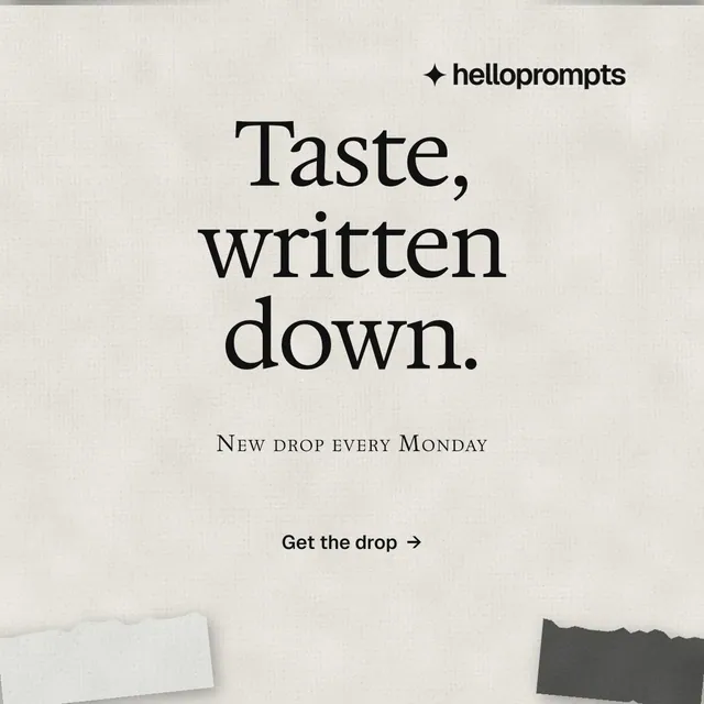 Instagram post for HelloPrompts: "Taste, written down." Editorial style, smallcaps layout, light palette in white, grey.