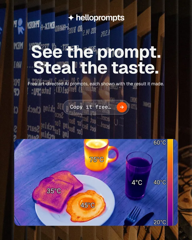 Instagram portrait post for HelloPrompts: "See the prompt. Steal the taste." Agentic glass style, centred layout, dark palette in black, red, blue.