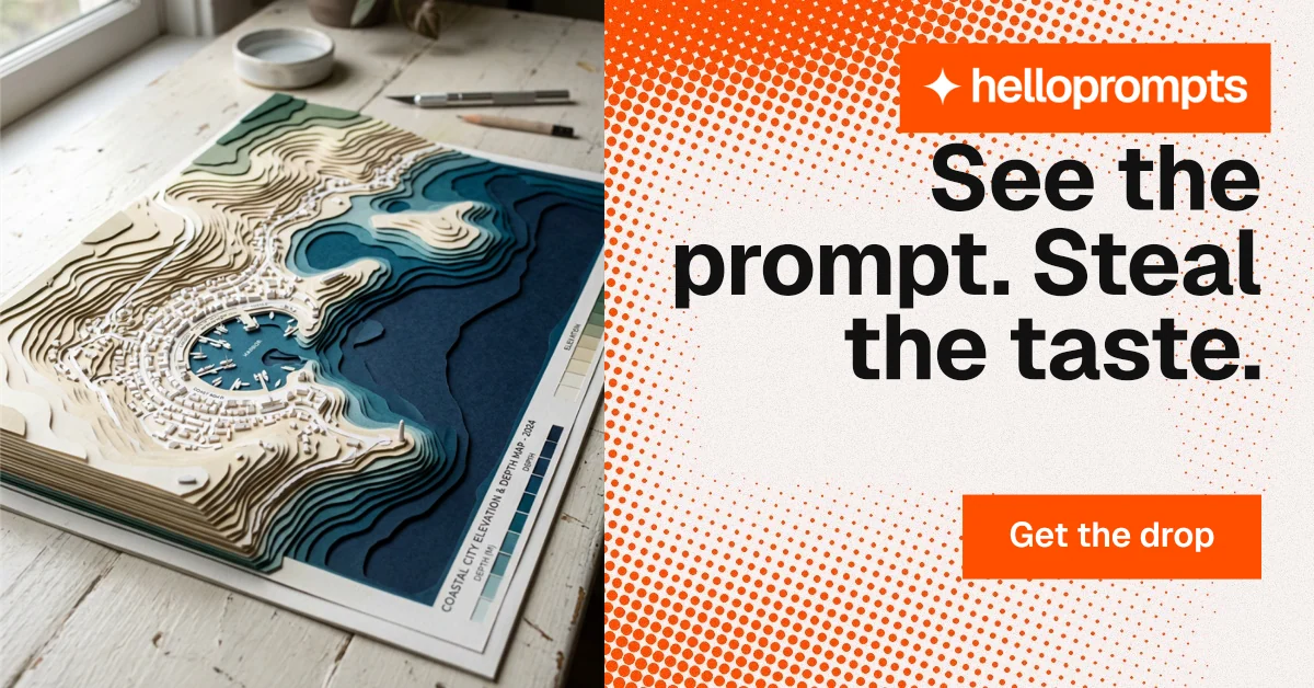 Social ad for HelloPrompts: "See the prompt. Steal the taste." Swiss style, right layout, light palette in orange, white.