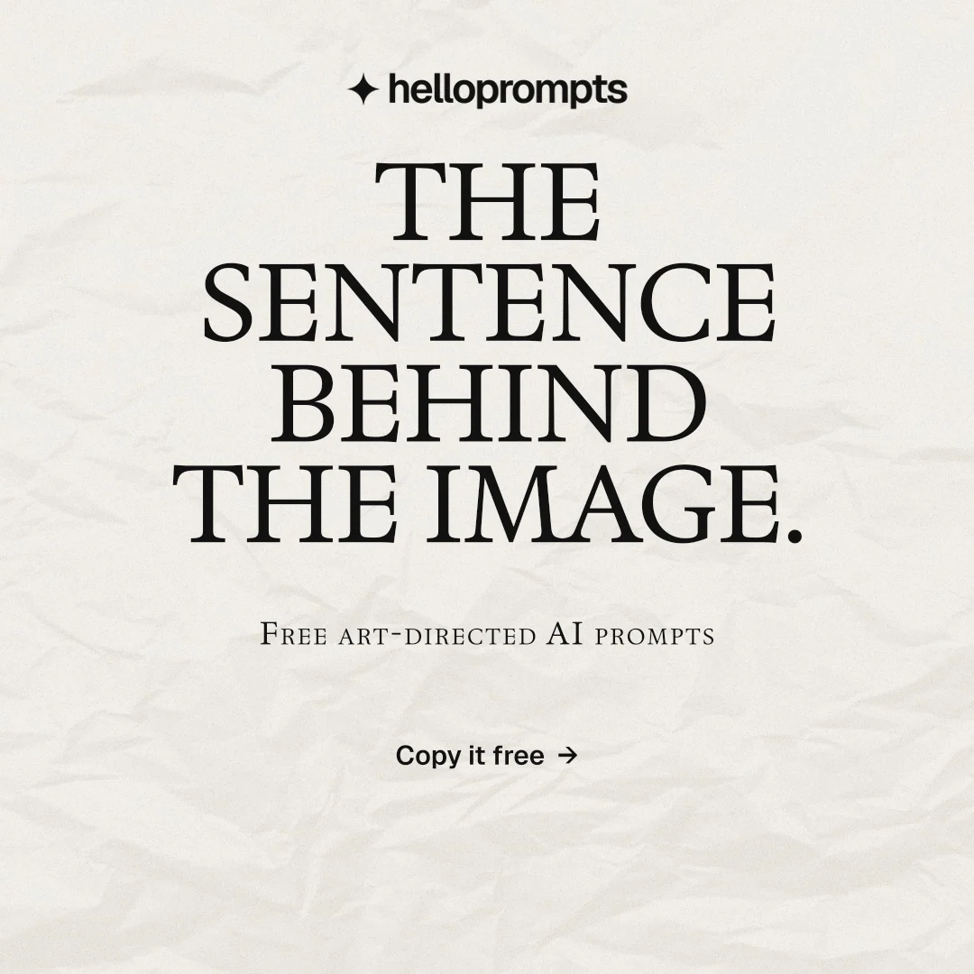 Instagram post for HelloPrompts: "The sentence behind the image." Swiss style, smallcaps layout, light palette in yellow, white, grey.