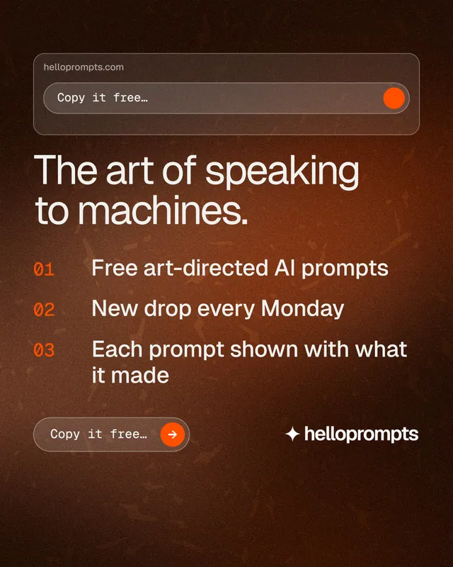 Instagram portrait post for HelloPrompts: "The art of speaking to machines." Agentic glass style, numbered layout, dark palette in orange, black, brown.