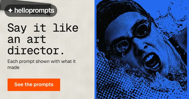 Social ad for HelloPrompts: "Say it like an art director." Swiss style, bottom layout, light palette in blue, white.